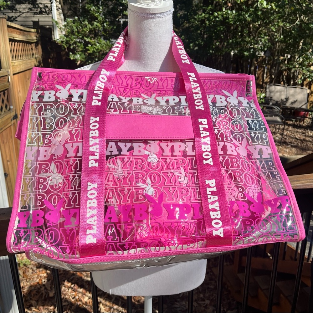 Playboy Travel Tote PINK Signature Logo Clear Thick PVC Vinyl 4 Piece Set NWT - Picture 7 of 14